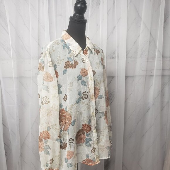 Alfred Dunner Blouse Cream Coral Floral Cottage Core Sheer Ethereal 14 - Picture 5 of 14